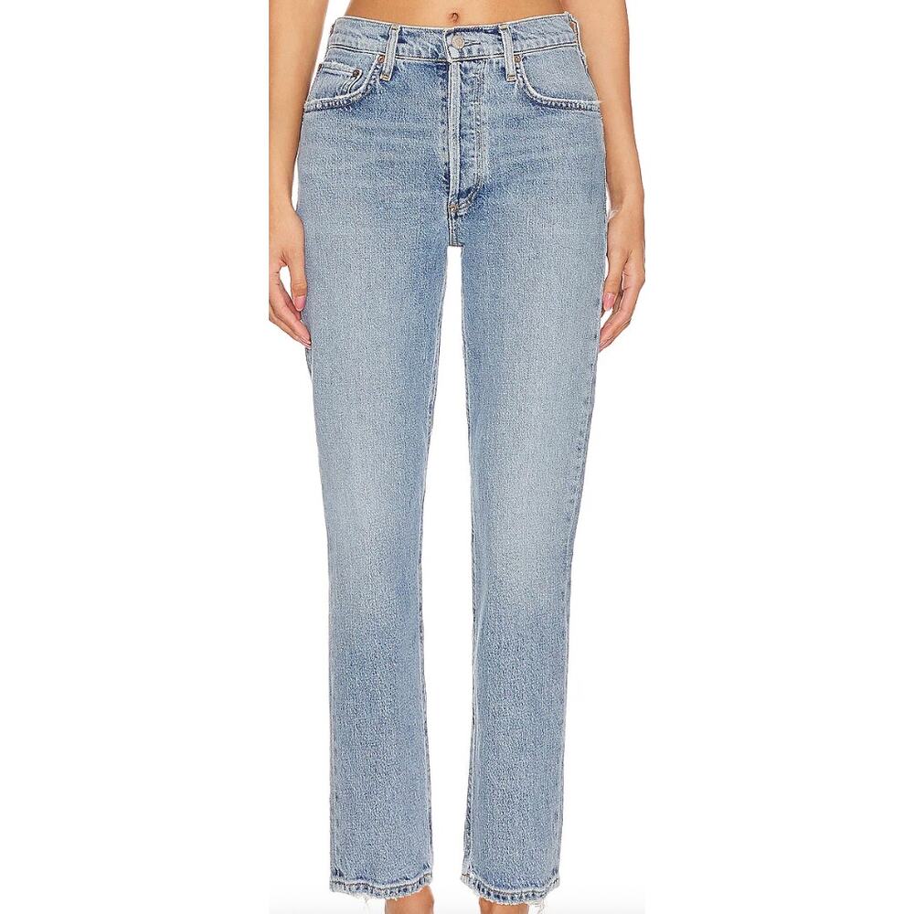 Agolde Riley Jeans Button Fly High Waist Slim Straight Crop Distressed Denim 29